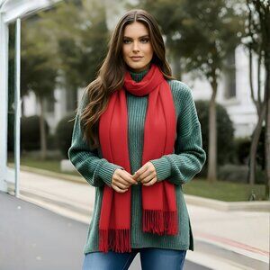 Women Fashion Red Silk Scarf with Fringe Stole for Christmas Gifts